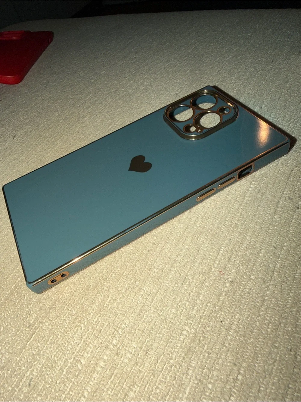 Slim Dark Green Square iPhone Case with Gold Heart and gold trim